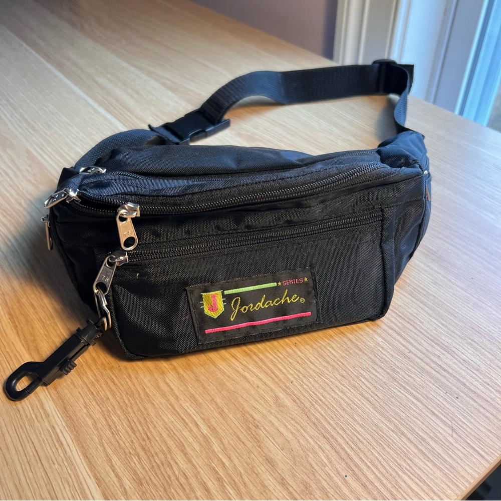 Jordache Black Waist Bag with Logo Patch and Zipper Pockets